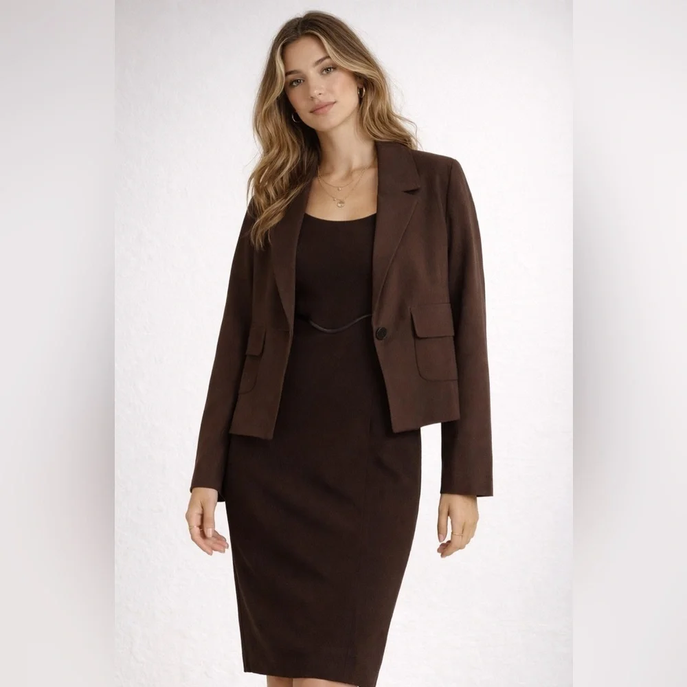Leon Max Womens Cropped Boxy Blazer Academia Quiet Luxury MEDIUM Chocolate Brown